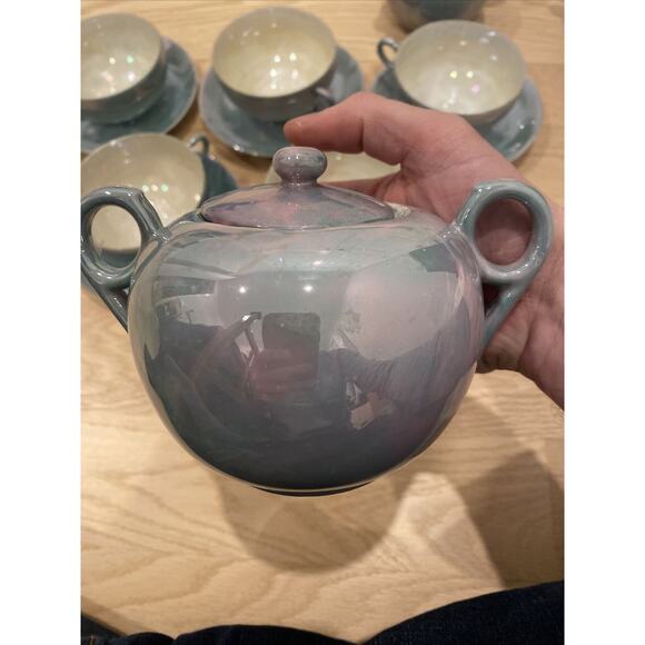 Lusterware Tea Set For 5 - Teapot, Sugar, Creamer, Cups & Saucers Japan Aqua - Picture 9 of 16